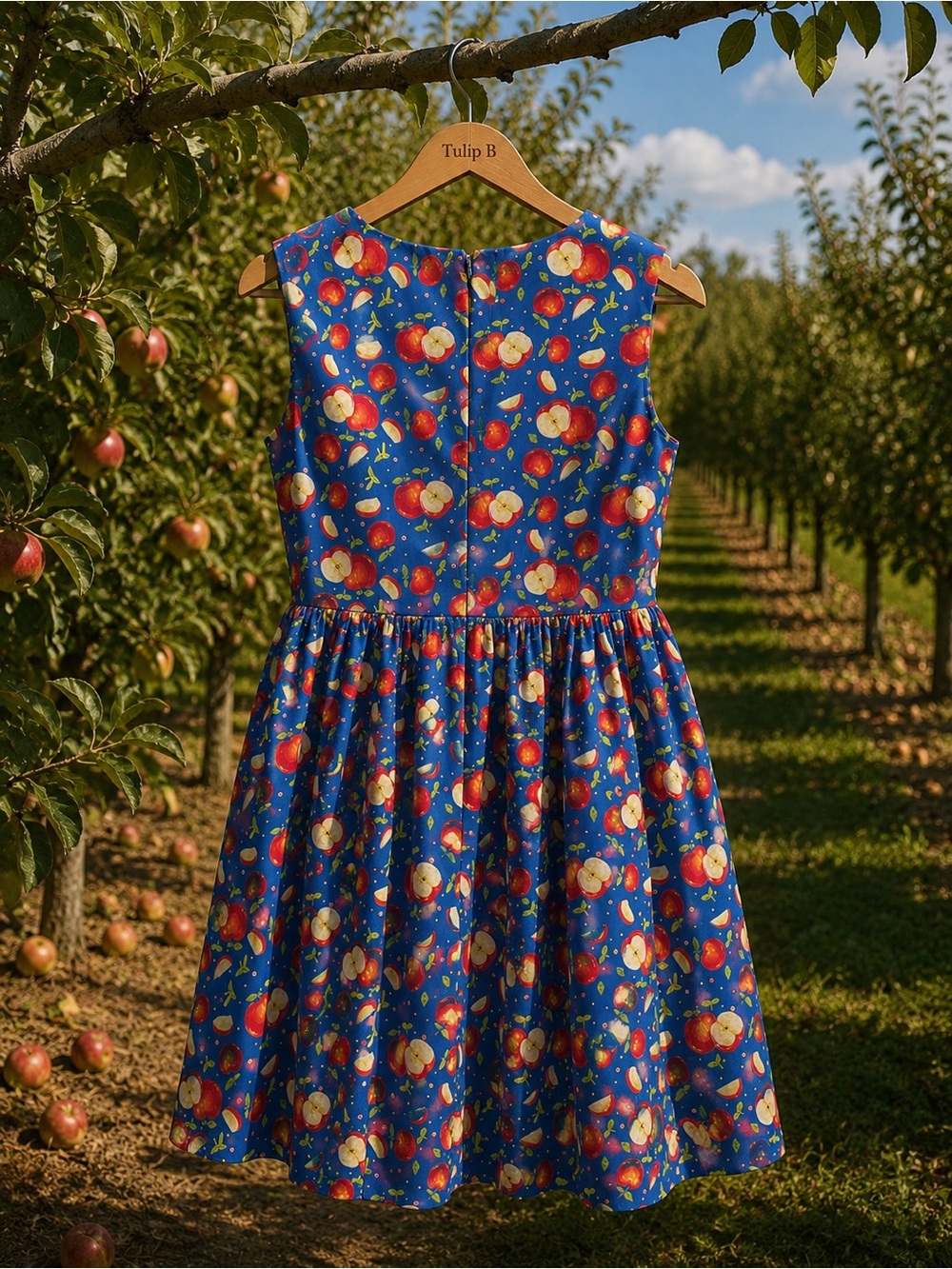 NWT Blue Apple-Print Fit & Flare Midi Dress Sleeveless Cotton Lined Pockets - Picture 4 of 7